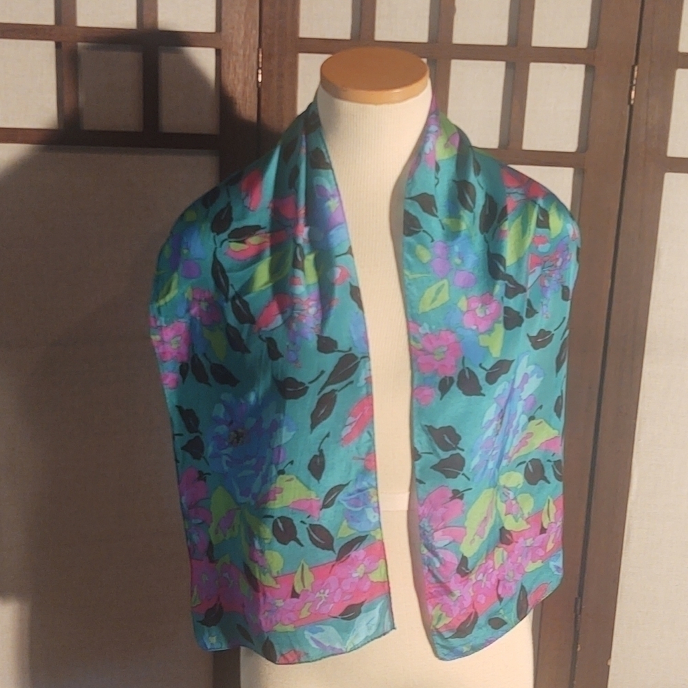 Blue and Magenta Floral Pattern Teal Scarf